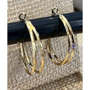 LARGE GOLD TONE METAL OVAL HOOP DANGLE EARRINGS